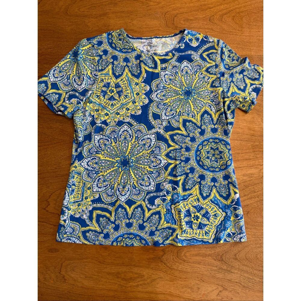 Lands' End Youth Paisley Short Sleeve Rash Guard Swim Shirt Blue Yellow Medium
